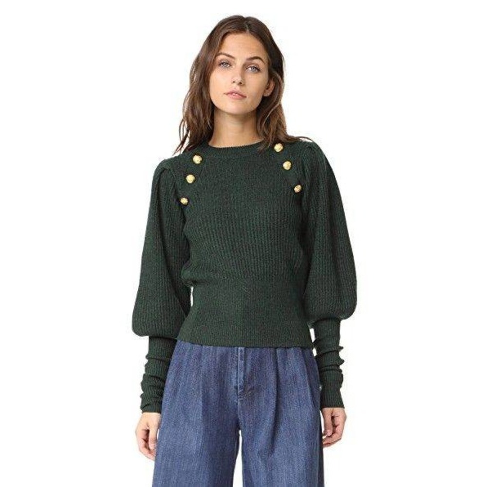 Veronica Beard Jude Green 100% Merino Knit Mutton Sleeve Gold Button Sweater S